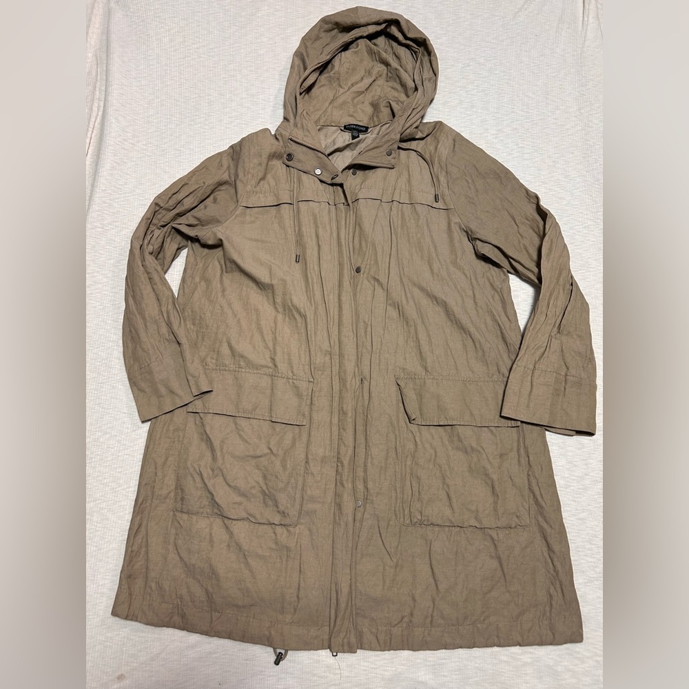 Eileen Fisher Jacket L Organic Cotton Metal Blend Hooded Full Zip Snap Beige